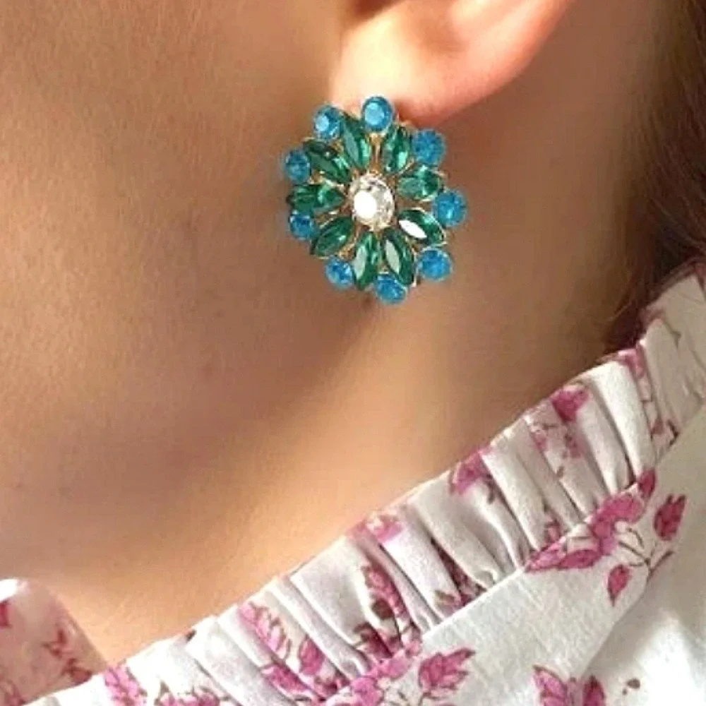 Green Turquoise Rhinestone Cluster Flower Statement Stud Earrings formal prom 💖